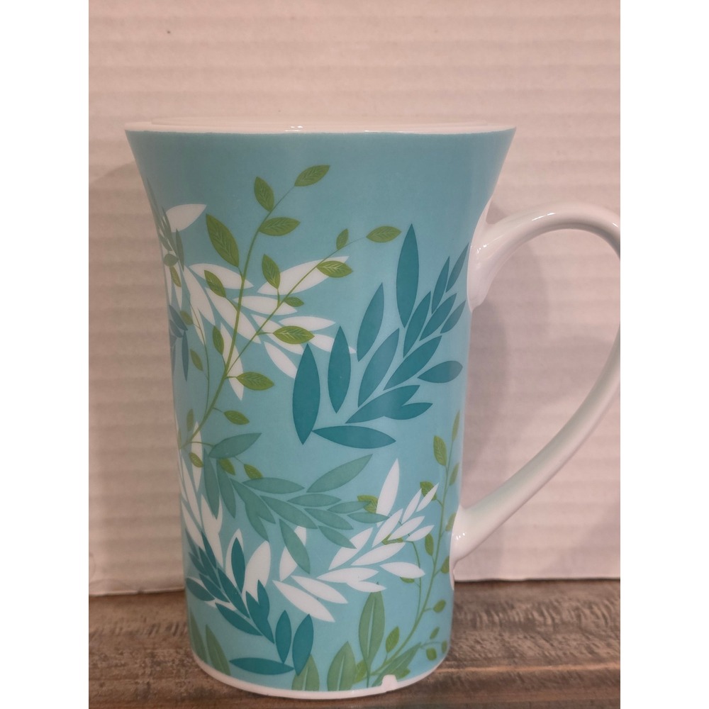 Ceramic Tea Infuser Mug‎ Set Turquoise Botanical Leaf Print Loose Leaf Steeper